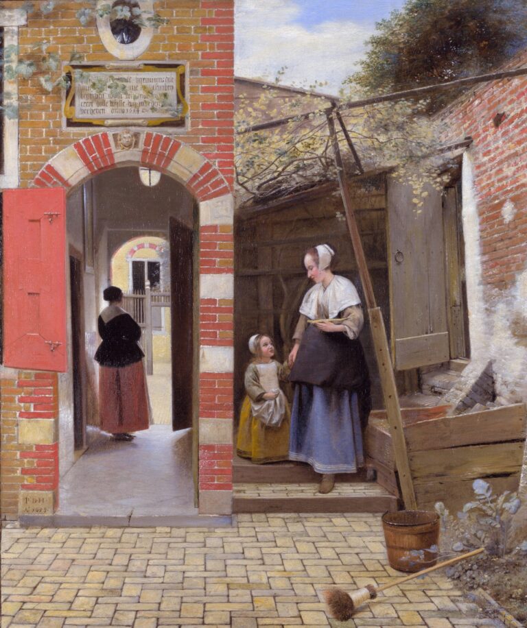 Binnenplaats van een huis in Delft van Pieter de Hooch: een vrouw en een meisje op een binnenplaats, met een doorkijk naar de straat
