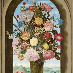Vaas met bloemen in een venster van Ambrosius Bosschaert de Oude: tulpen, rozen en andere bloemen in een stenen venster met een landschap erachter