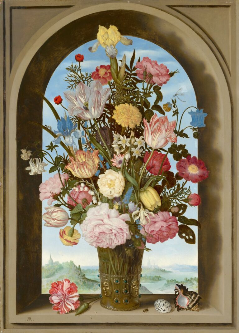 Vaas met bloemen in een venster van Ambrosius Bosschaert de Oude: tulpen, rozen en andere bloemen in een stenen venster met een landschap erachter