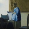 Brieflezende vrouw in het blauw van Johannes Vermeer: vrouw in een blauw jak leest een brief in het licht van links, met een landkaart aan de muur