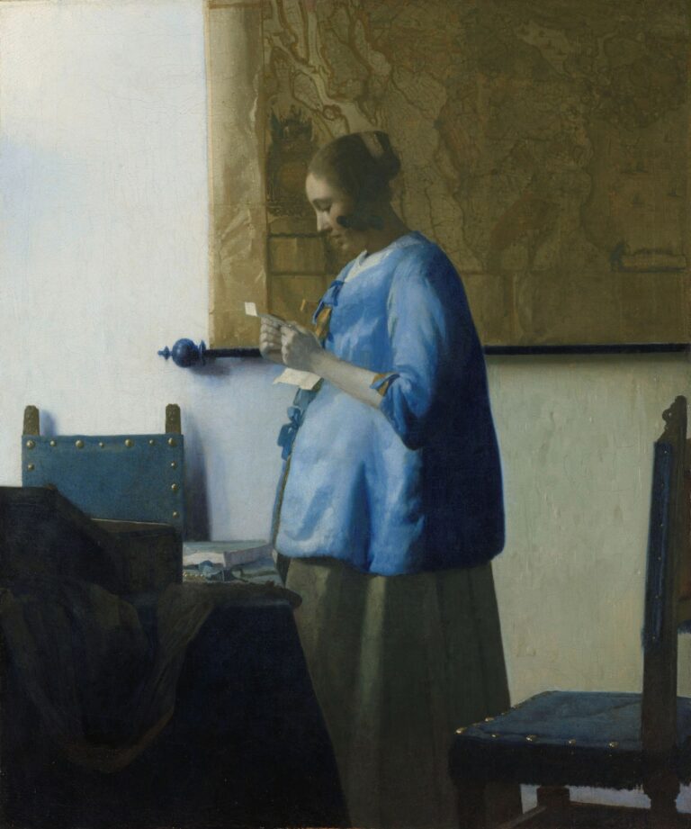 Brieflezende vrouw in het blauw van Johannes Vermeer: vrouw in een blauw jak leest een brief in het licht van links, met een landkaart aan de muur