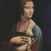 Dame met de hermelijn van Leonardo da Vinci: een jonge vrouw met een kralensnoer houdt een witte hermelijn vast, tegen een donkere achtergrond