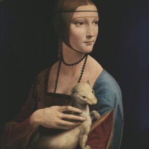 Dame met de hermelijn van Leonardo da Vinci: een jonge vrouw met een kralensnoer houdt een witte hermelijn vast, tegen een donkere achtergrond