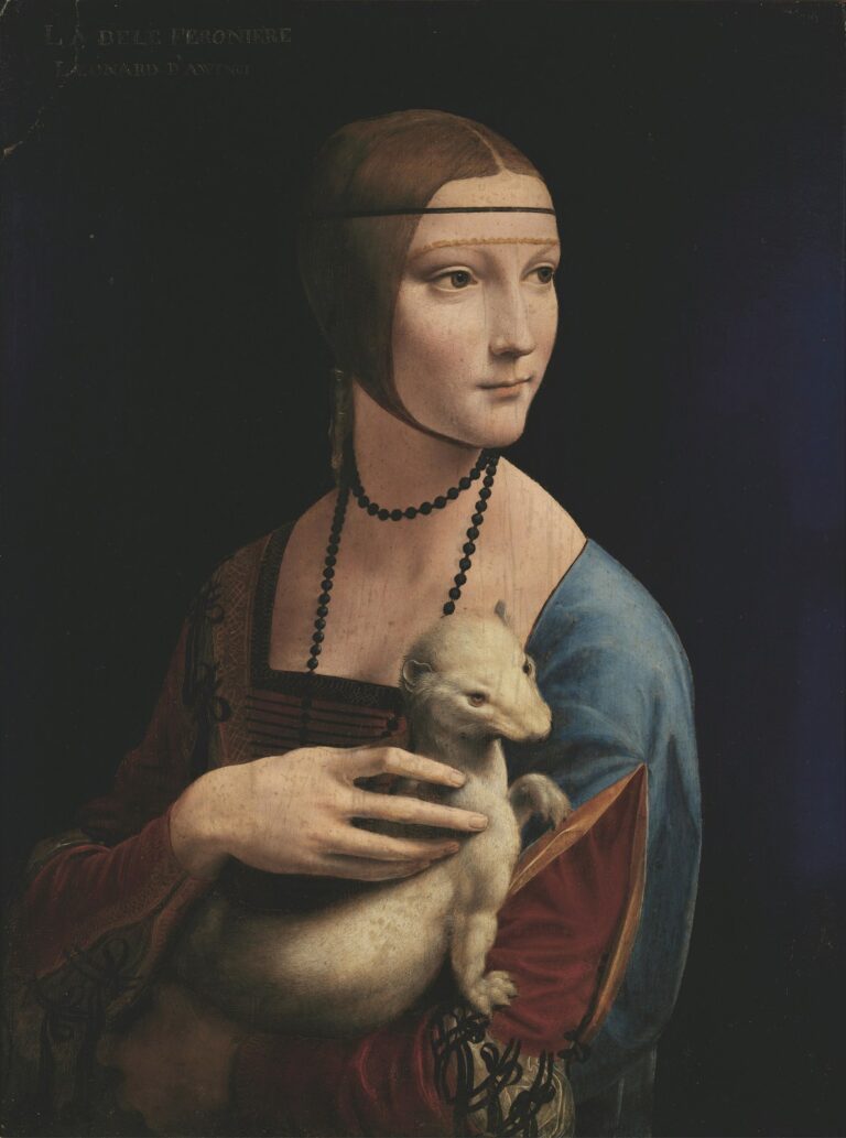Dame met de hermelijn van Leonardo da Vinci: een jonge vrouw met een kralensnoer houdt een witte hermelijn vast, tegen een donkere achtergrond