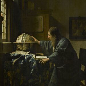 De astronoom van Johannes Vermeer: een geleerde in een blauwgroene kamerjas raakt bij het raam een hemelglobe aan
