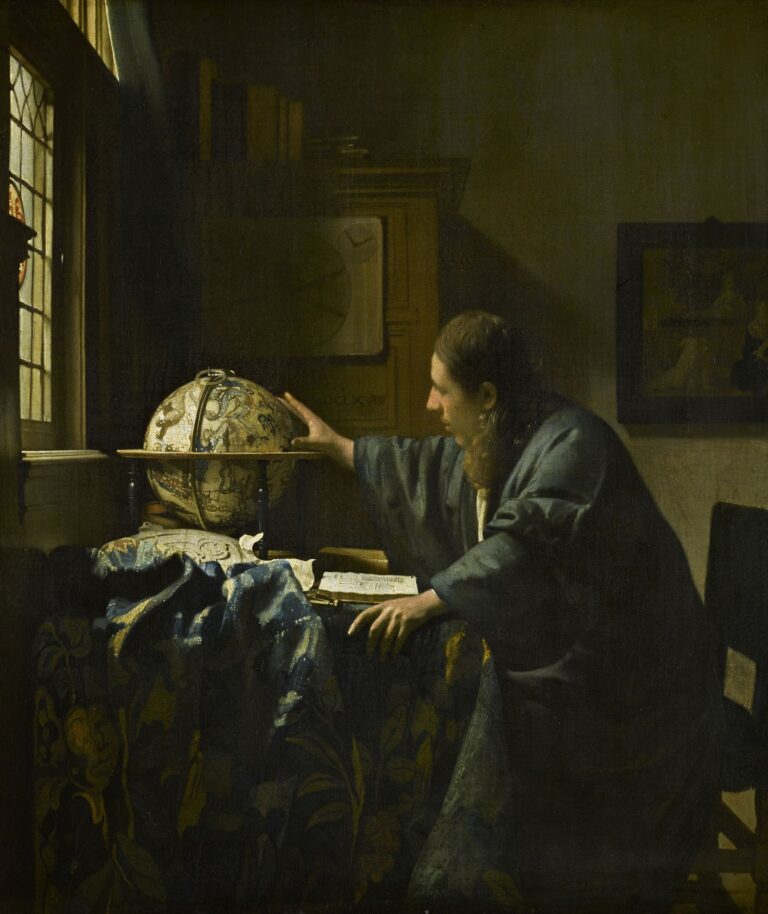 De astronoom van Johannes Vermeer: een geleerde in een blauwgroene kamerjas raakt bij het raam een hemelglobe aan