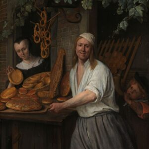 De bakker Arent Oostwaert en zijn vrouw van Jan Steen: een bakker in een wit hemd en zijn vrouw tonen brood en krakelingen in de deuropening van hun bakkerij