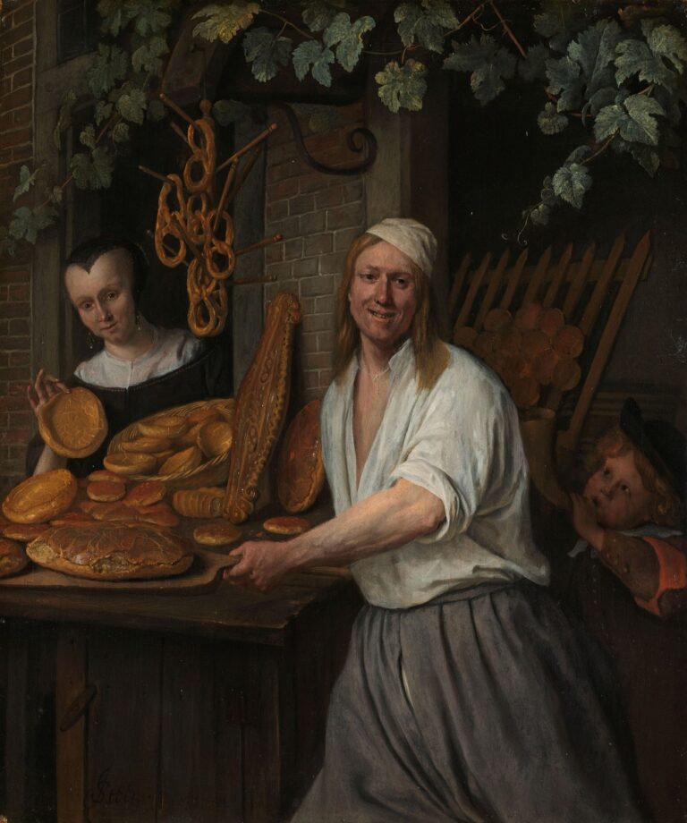 De bakker Arent Oostwaert en zijn vrouw van Jan Steen: een bakker in een wit hemd en zijn vrouw tonen brood en krakelingen in de deuropening van hun bakkerij