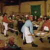 De boerenbruiloft van Pieter Bruegel de Oude: feest in een schuur met mannen die borden pap op een deur binnendragen