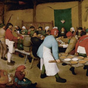 De boerenbruiloft van Pieter Bruegel de Oude: feest in een schuur met mannen die borden pap op een deur binnendragen