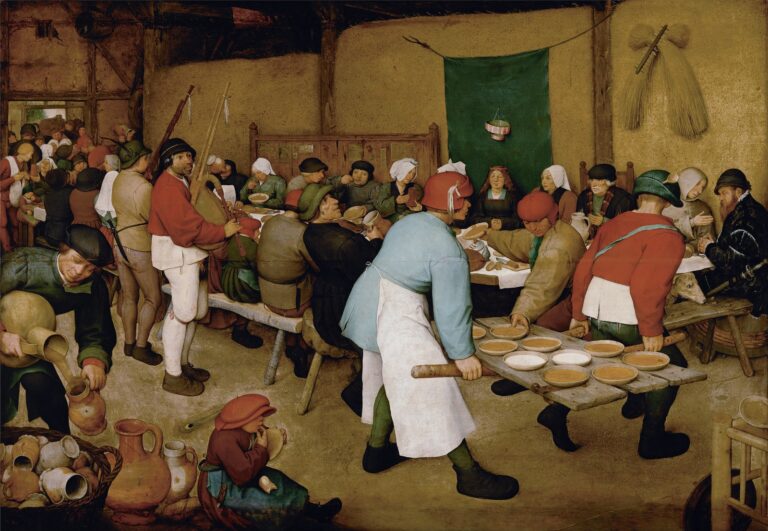De boerenbruiloft van Pieter Bruegel de Oude: feest in een schuur met mannen die borden pap op een deur binnendragen