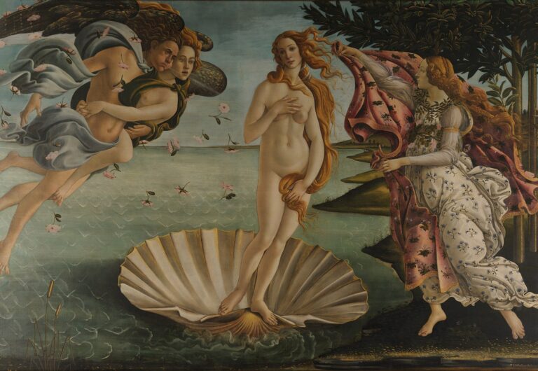 De geboorte van Venus van Sandro Botticelli: Venus staat op een schelp in zee, links twee windgoden, rechts een vrouw met een mantel