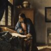 De geograaf van Johannes Vermeer: een geleerde in een blauwe mantel met een passer kijkt op van een kaart bij het raam
