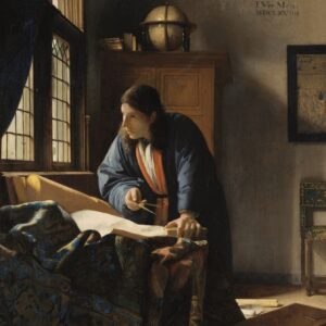 De geograaf van Johannes Vermeer: een geleerde in een blauwe mantel met een passer kijkt op van een kaart bij het raam
