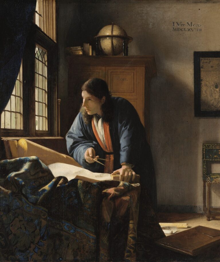 De geograaf van Johannes Vermeer: een geleerde in een blauwe mantel met een passer kijkt op van een kaart bij het raam