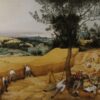 De korenoogst van Pieter Bruegel de Oude: boeren maaien graan en eten onder een perenboom, met een zomerlandschap tot aan de zee