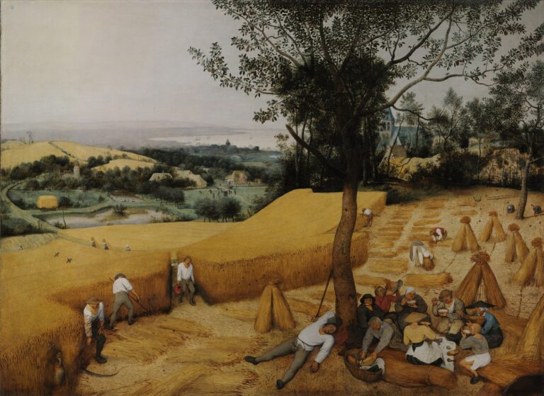De korenoogst van Pieter Bruegel de Oude: boeren maaien graan en eten onder een perenboom, met een zomerlandschap tot aan de zee