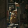 De liefdesbrief van Johannes Vermeer: door een deuropening zie je een vrouw met een cister die een brief krijgt van haar dienstmeid, op een zwart-witte tegelvloer