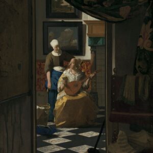 De liefdesbrief van Johannes Vermeer: door een deuropening zie je een vrouw met een cister die een brief krijgt van haar dienstmeid, op een zwart-witte tegelvloer