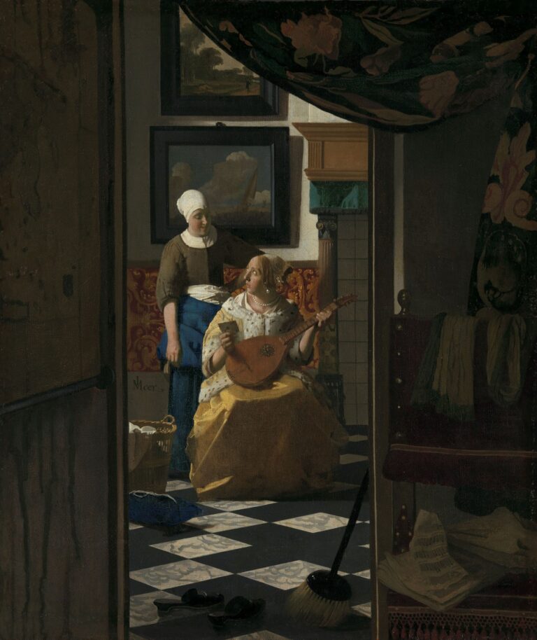 De liefdesbrief van Johannes Vermeer: door een deuropening zie je een vrouw met een cister die een brief krijgt van haar dienstmeid, op een zwart-witte tegelvloer