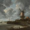 De molen bij Wijk bij Duurstede van Jacob van Ruisdael: een stenen molen aan de rivier onder een grote donkere wolkenlucht