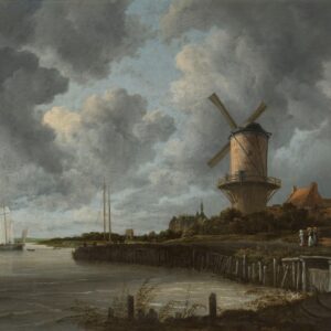 De molen bij Wijk bij Duurstede van Jacob van Ruisdael: een stenen molen aan de rivier onder een grote donkere wolkenlucht