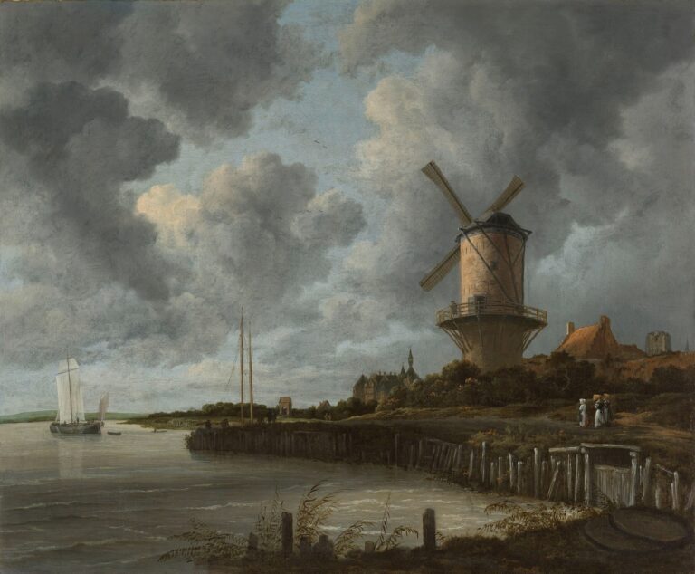 De molen bij Wijk bij Duurstede van Jacob van Ruisdael: een stenen molen aan de rivier onder een grote donkere wolkenlucht