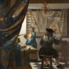 De schilderkunst van Johannes Vermeer: een schilder aan de ezel schildert een vrouw met een trompet, met een grote kaart van de Nederlanden aan de muur