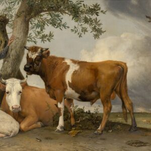 De stier van Paulus Potter: een jonge stier in de wei bij een boom, met een koe, schapen en een boer