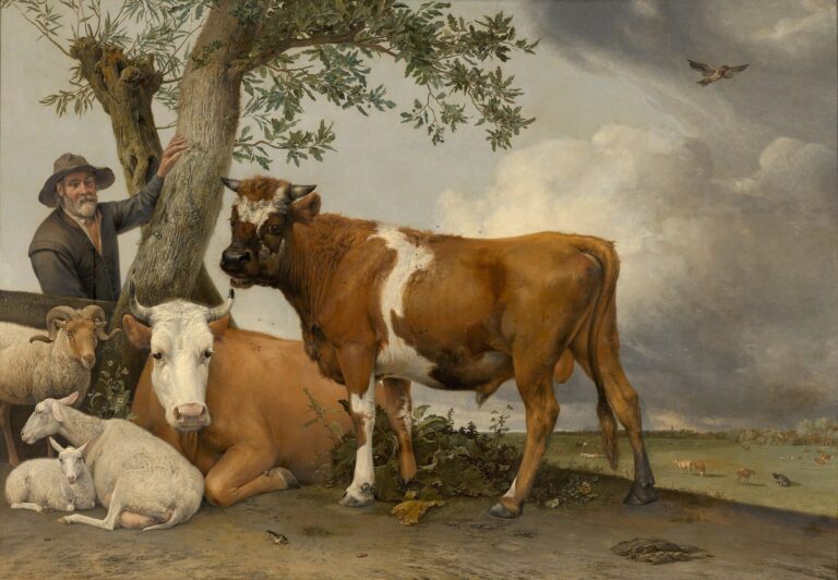 De stier van Paulus Potter: een jonge stier in de wei bij een boom, met een koe, schapen en een boer