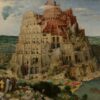 De toren van Babel van Pieter Bruegel de Oude: een reusachtige halfafgebouwde toren vol bogen en steigers bij een havenstad
