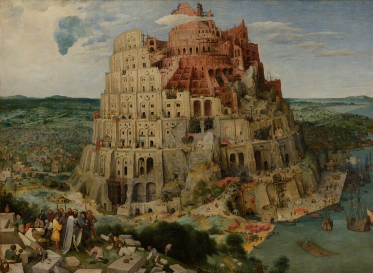 De toren van Babel van Pieter Bruegel de Oude: een reusachtige halfafgebouwde toren vol bogen en steigers bij een havenstad