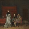 Galante conversatie, bekend als De vaderlijke vermaning, van Gerard ter Borch: een jonge vrouw in een zilveren satijnen jurk bij een zittend paar