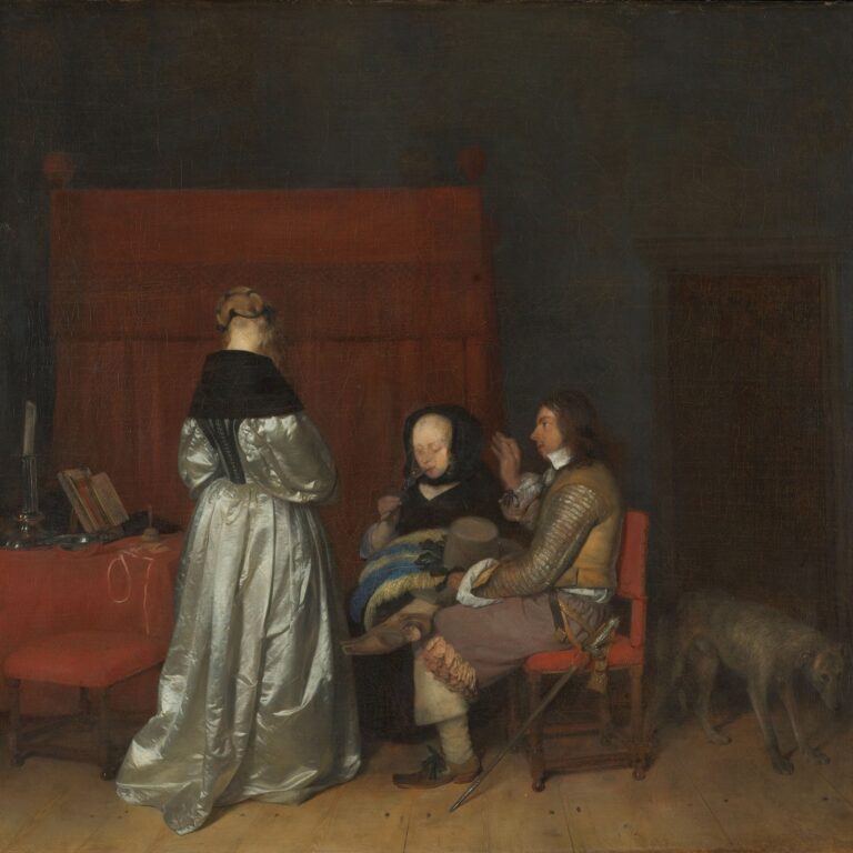 Galante conversatie, bekend als De vaderlijke vermaning, van Gerard ter Borch: een jonge vrouw in een zilveren satijnen jurk bij een zittend paar