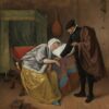 De zieke vrouw van Jan Steen: een dokter neemt de pols van een bleke jonge vrouw die voorovergebogen zit, met een bedstee erachter