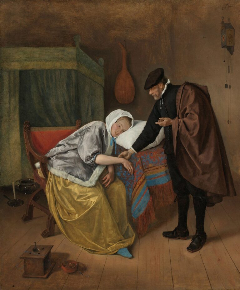 De zieke vrouw van Jan Steen: een dokter neemt de pols van een bleke jonge vrouw die voorovergebogen zit, met een bedstee erachter