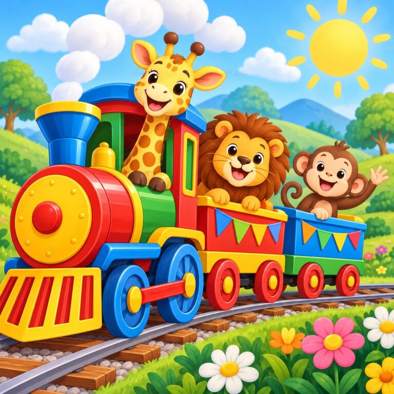 Diamond painting ontwerp: kleurrijk speelgoedtreintje met een giraf, een leeuw en een aapje als passagiers
