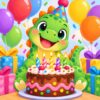 Diamond painting ontwerp: groene dinosaurus met een feesthoedje achter een chocoladetaart met kaarsjes, ballonnen en cadeaus