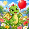 Diamond painting ontwerp: vrolijk groen draakje met een rode ballon in een bloemenwei met vlinders