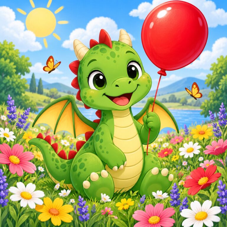 Diamond painting ontwerp: vrolijk groen draakje met een rode ballon in een bloemenwei met vlinders