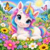 Diamond painting ontwerp: wit eenhoornveulen met regenboogmanen liggend in een bloemenwei met vlinders en een regenboog