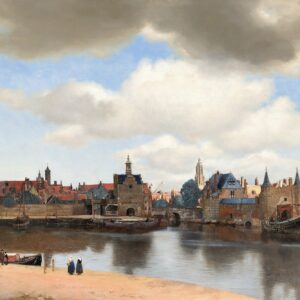 Gezicht op Delft van Johannes Vermeer: de stad aan het water met poorten, daken en torens onder een grote wolkenlucht
