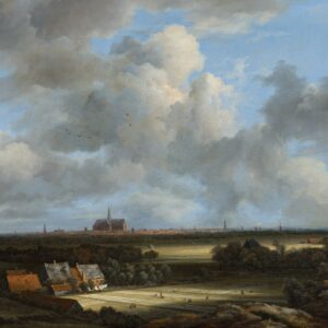 Gezicht op Haarlem met bleekvelden van Jacob van Ruisdael: velden met wit linnen en de Grote Kerk aan de horizon onder een hoge wolkenlucht