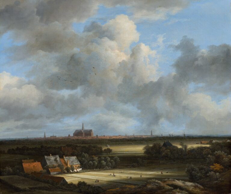 Gezicht op Haarlem met bleekvelden van Jacob van Ruisdael: velden met wit linnen en de Grote Kerk aan de horizon onder een hoge wolkenlucht