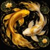 Diamond painting ontwerp: twee koikarpers, een gouden en een witte met gouden schubben, die om elkaar heen draaien in donker water met waterlelies