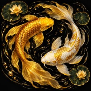 Diamond painting ontwerp: twee koikarpers, een gouden en een witte met gouden schubben, die om elkaar heen draaien in donker water met waterlelies