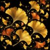 Diamond painting ontwerp: gouden en koperkleurige ginkgobladeren in verschillende maten die schuin over een zwarte achtergrond dwarrelen