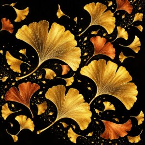 Diamond painting ontwerp: gouden en koperkleurige ginkgobladeren in verschillende maten die schuin over een zwarte achtergrond dwarrelen