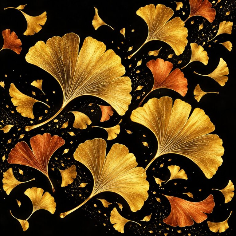 Diamond painting ontwerp: gouden en koperkleurige ginkgobladeren in verschillende maten die schuin over een zwarte achtergrond dwarrelen