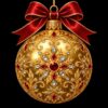 Diamond painting ontwerp: grote gouden kerstbal met ornamentpatroon, rode en ijsblauwe stenen en een dieprode strik, op zwart